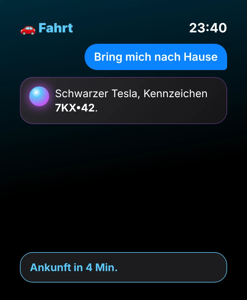 G Bot – Fahrt: Schwarzer Tesla, Kennzeichen 7KX•42. Ankunft in 4 Min.