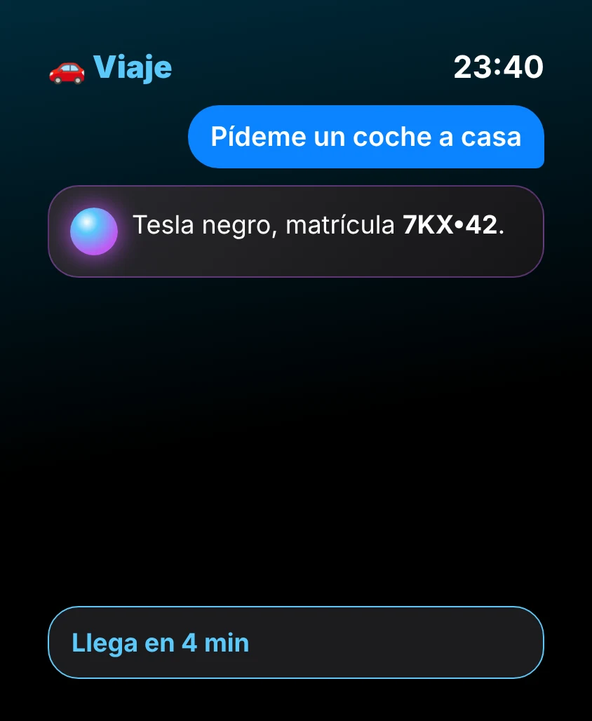 G Bot – Viaje: Tesla negro, matrícula 7KX•42. Llega en 4 min