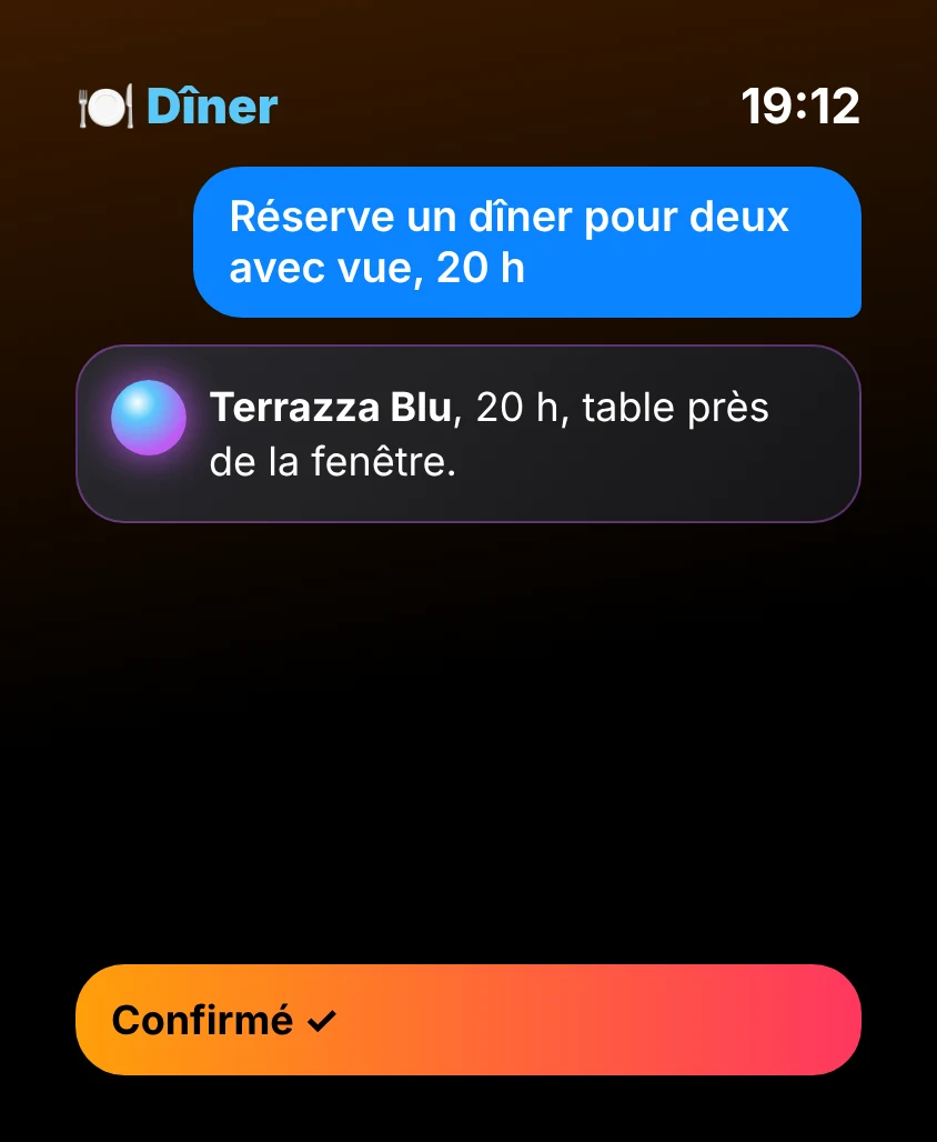 G Bot – Dîner: Terrazza Blu, 20 h, table près de la fenêtre. Confirmé ✓