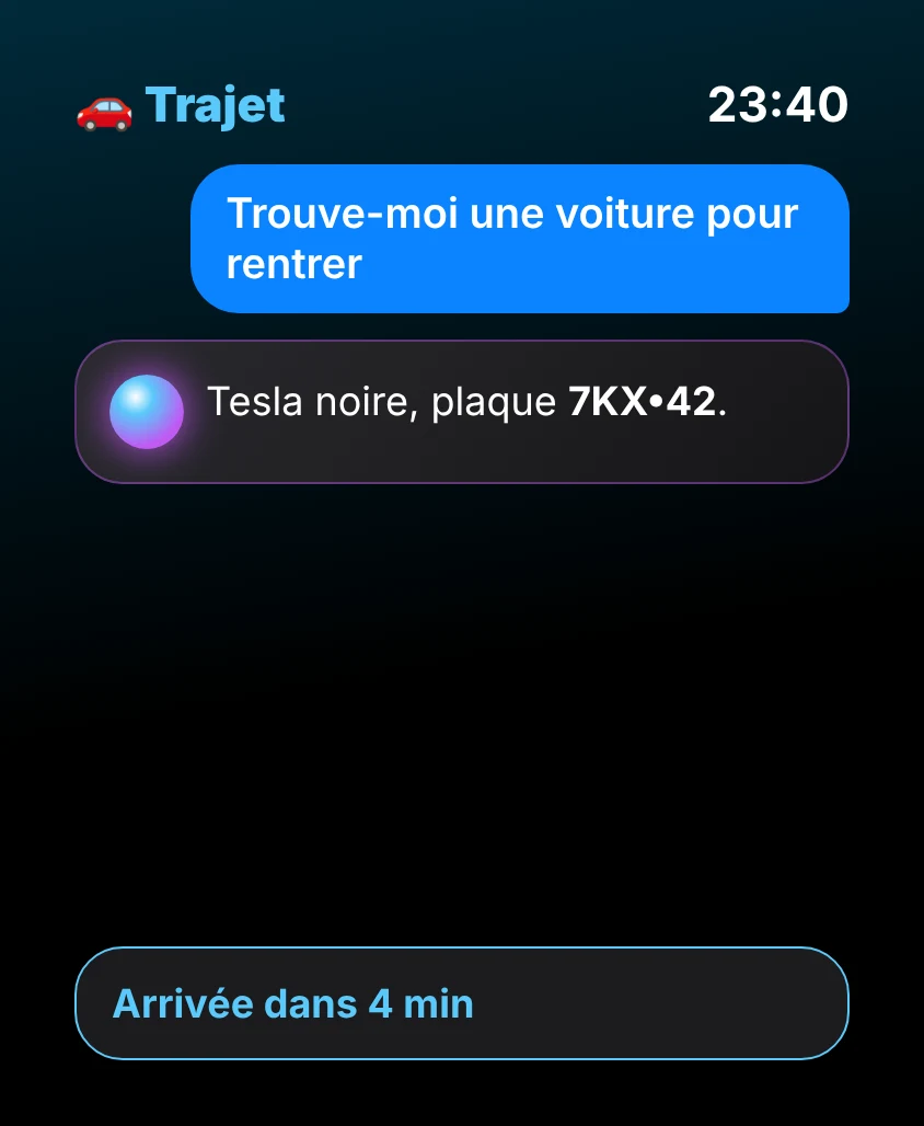 G Bot – Trajet: Tesla noire, plaque 7KX•42. Arrivée dans 4 min