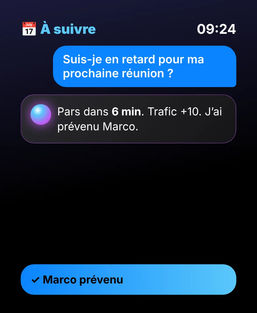 G Bot – À suivre: Pars dans 6 min. Trafic +10. J’ai prévenu Marco. ✓ Marco prévenu