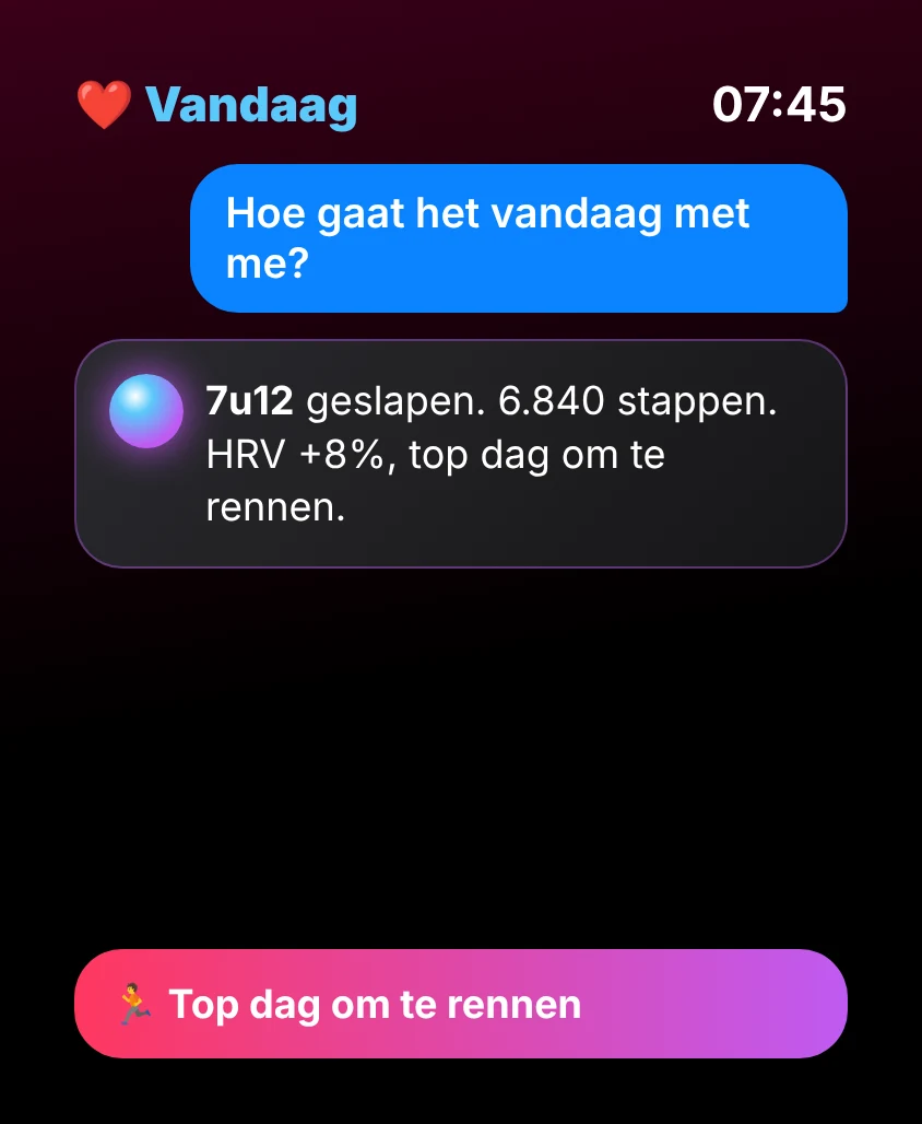 G Bot – Vandaag: 7u12 geslapen. 6.840 stappen. HRV +8%, top dag om te rennen. 🏃 Top dag om te rennen