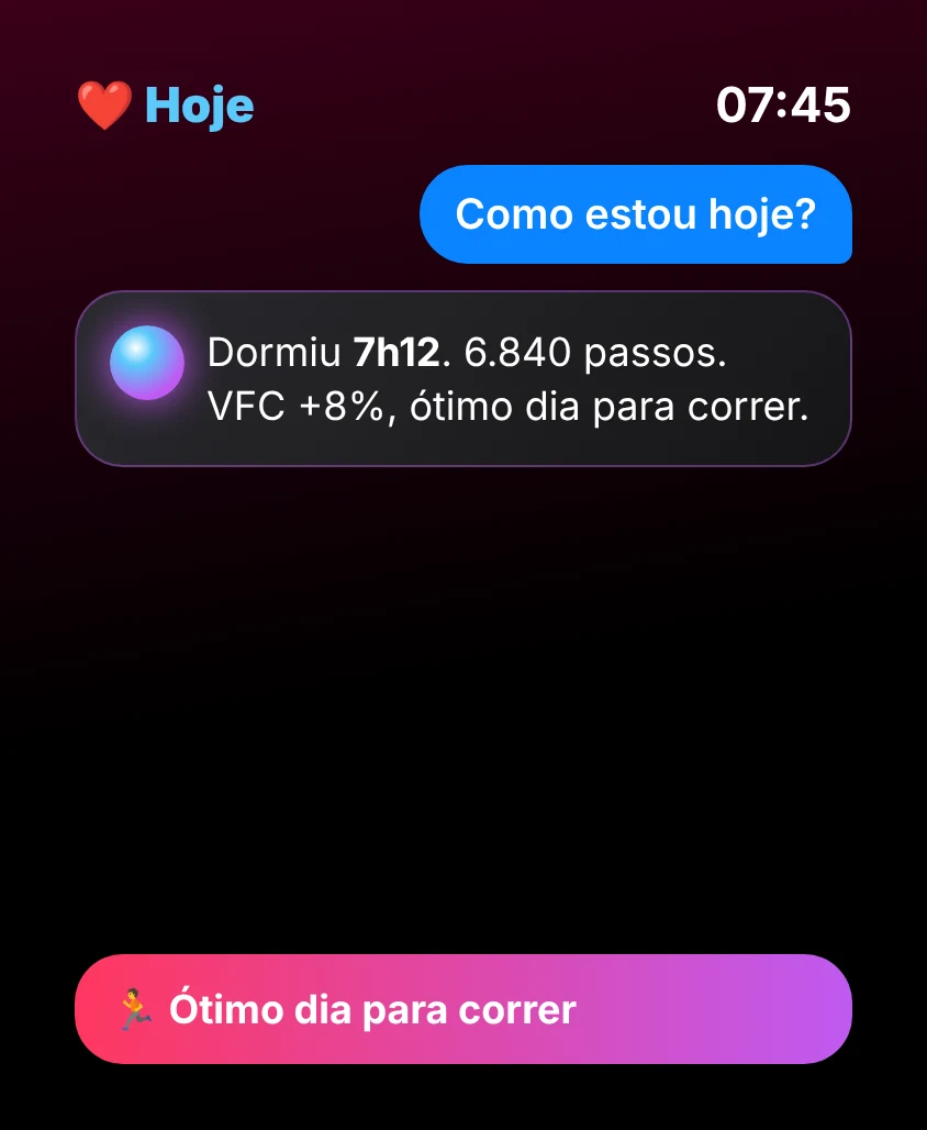 G Bot – Hoje: Dormiu 7h12. 6.840 passos. VFC +8%, ótimo dia para correr. 🏃 Ótimo dia para correr
