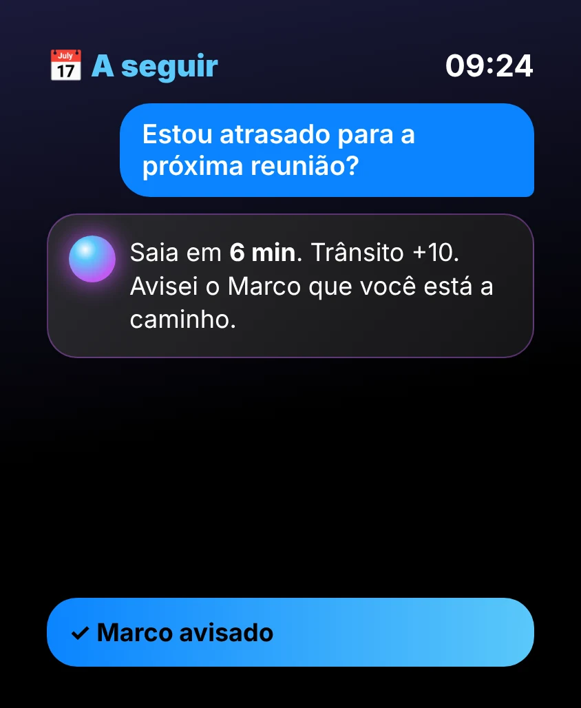 G Bot – A seguir: Saia em 6 min. Trânsito +10. Avisei o Marco que você está a caminho. ✓ Marco avisado